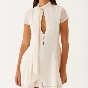 Peppermayo Cream Mini Dress with Button and Neck Tie Details